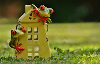 Deux grenouilles sur une maison en céramique