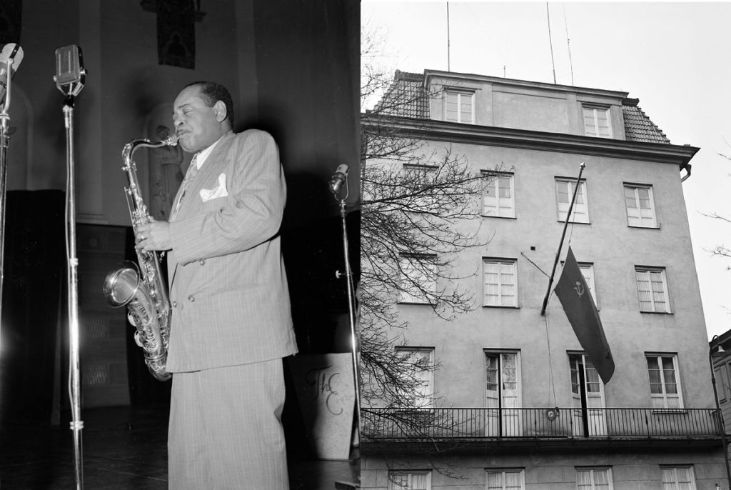 A gauche, le saxophoniste américain Coleman Hawkins à Stockholm en 1950. A droite, l'ambassade soviétique, Villagatan 17.