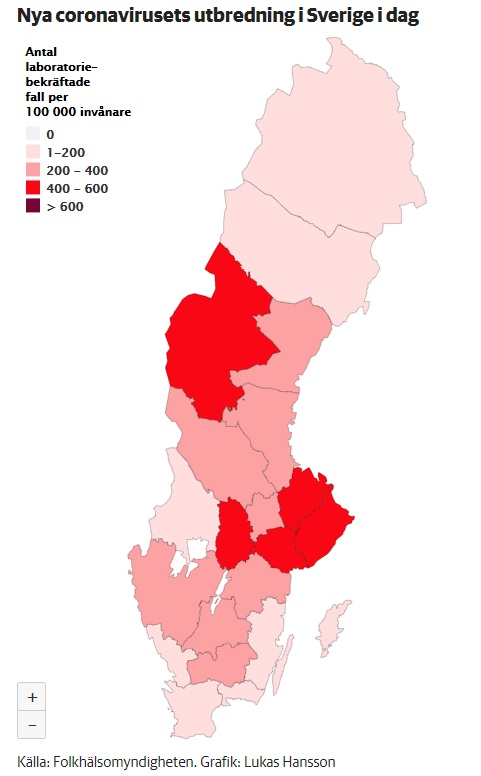 Répartition géographique du coronavirus en Suède au 20 mai