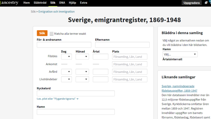 Capture d'écran du site web Ancestry.se