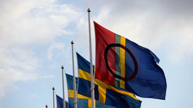 Drapeau sami parmi d'autres drapeaux